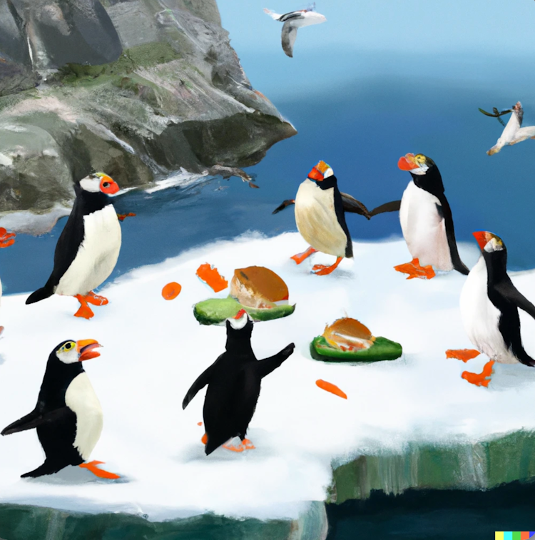 Penguins eating sandwiches