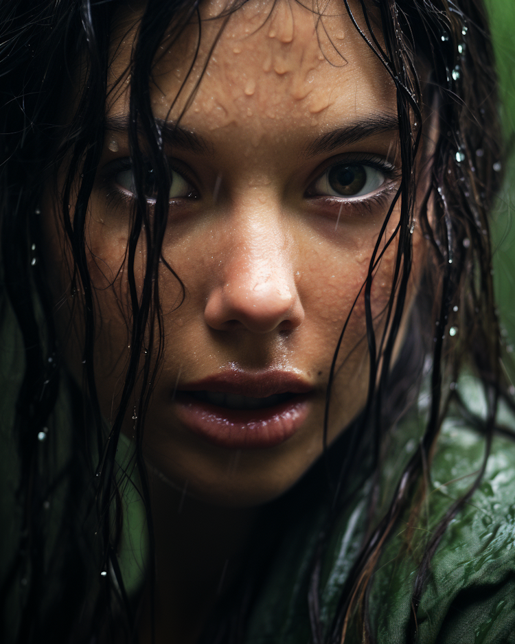Face close-up portrait of woman in the rain