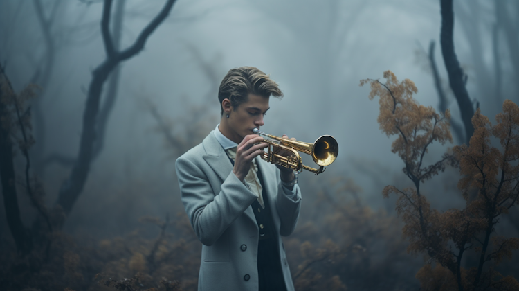 Man playing trumpet in forest