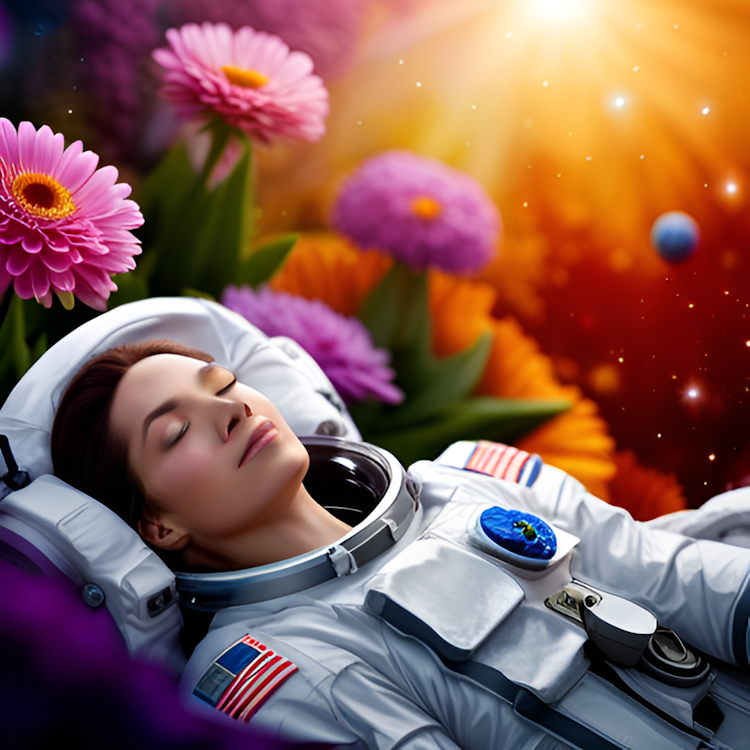Astronaut sleeping on flowers