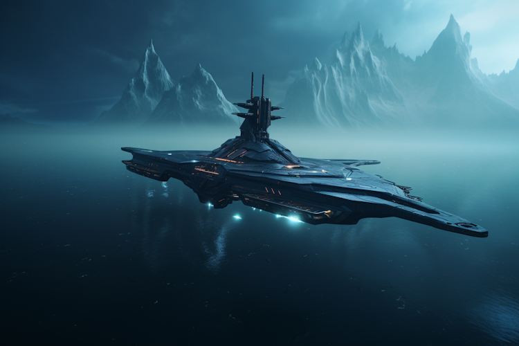 Futuristic ship exploring the unknown territory