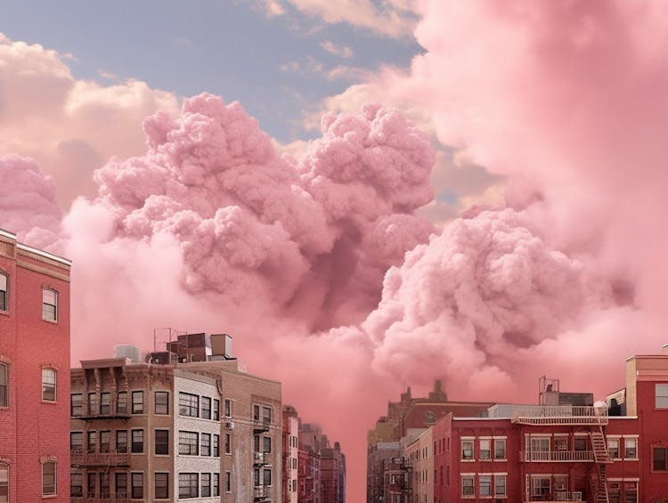 Pink clouds over buildings