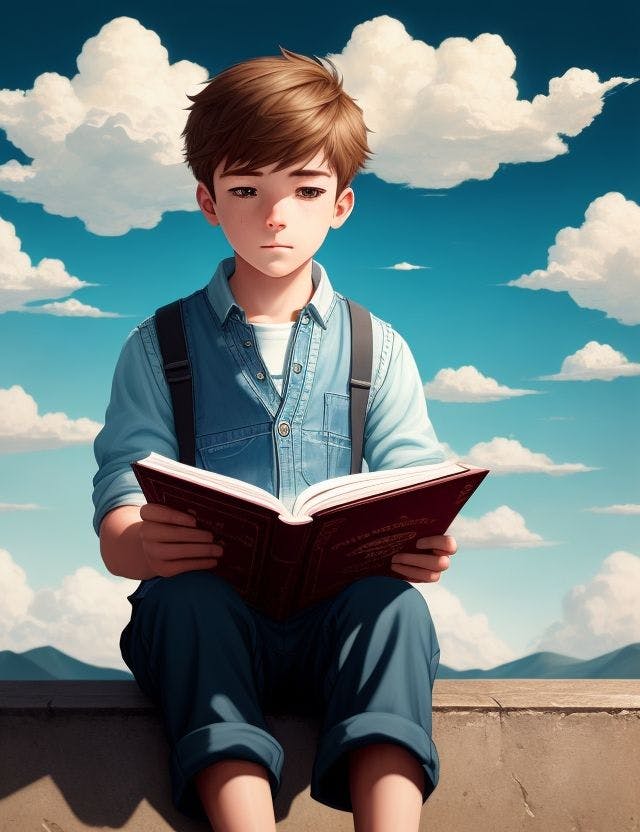 A boy reading in beautiful clouds scenery