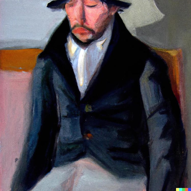 A realist painting of a sad man