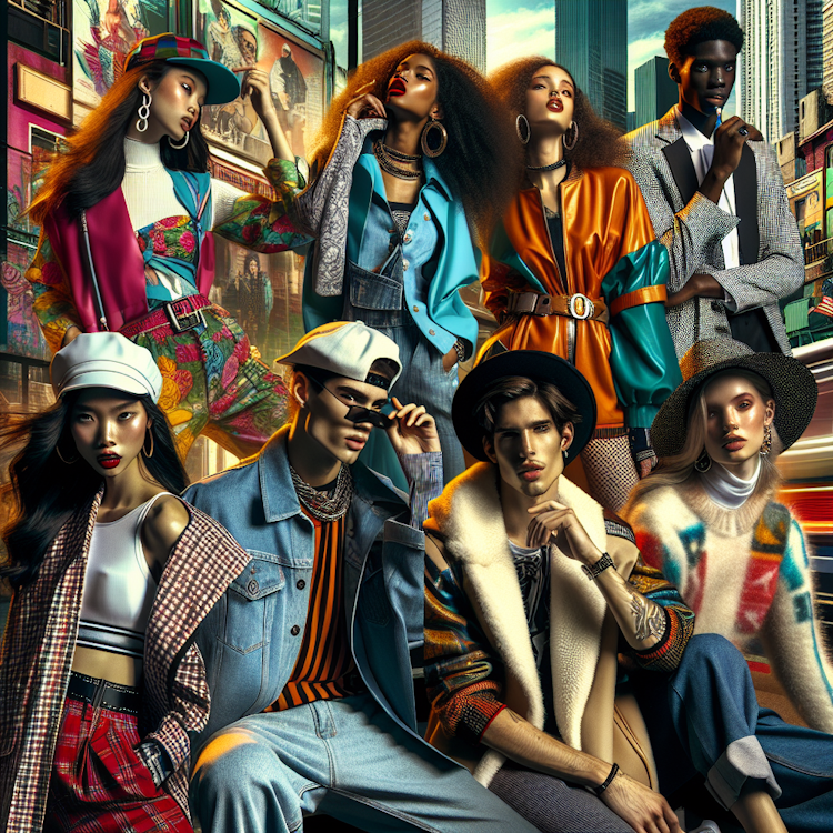 A vibrant, street-style inspired fashion lookbook featuring diverse, stylish individuals