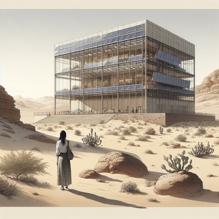A minimalist, architectural illustration of a modern, eco-friendly research facility in a desert landscape