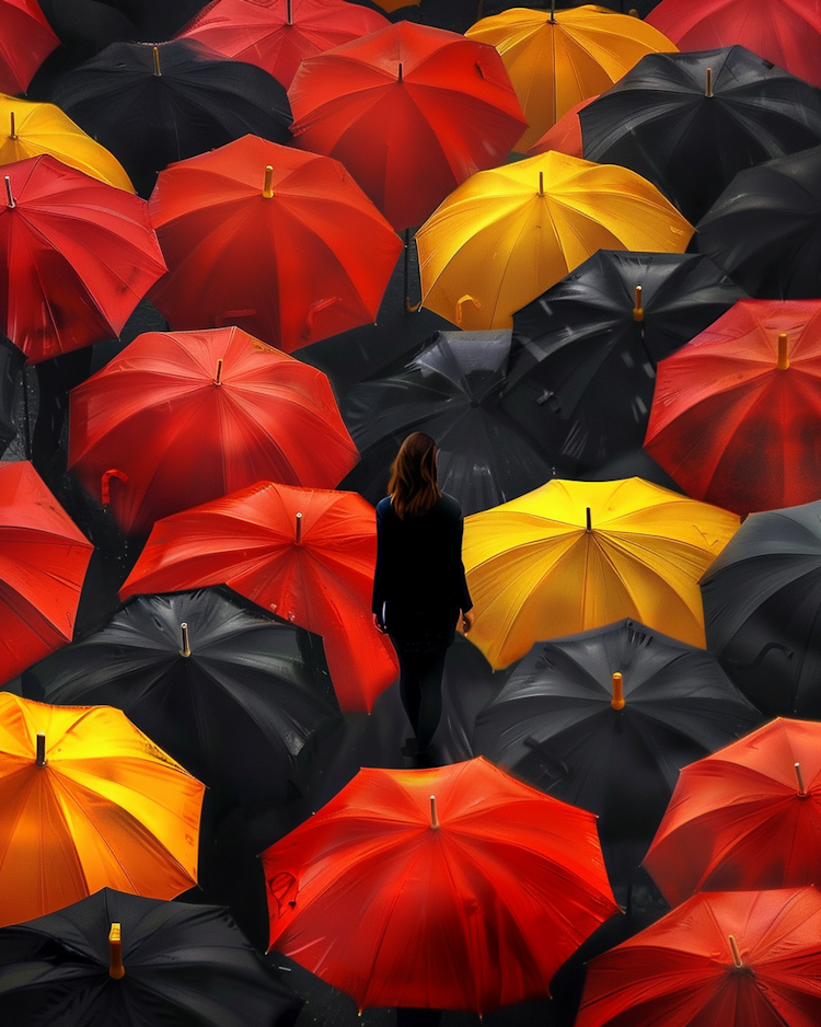 a_woman_walking_between_many_red_black_and_yellow_um_39ae28af-759c-4a7c-9238-c7f4e50ed287.png
