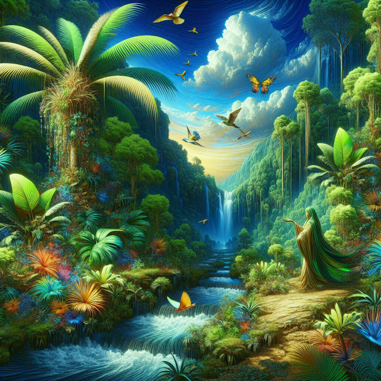 A vibrant, digital illustration of a lush, tropical paradise