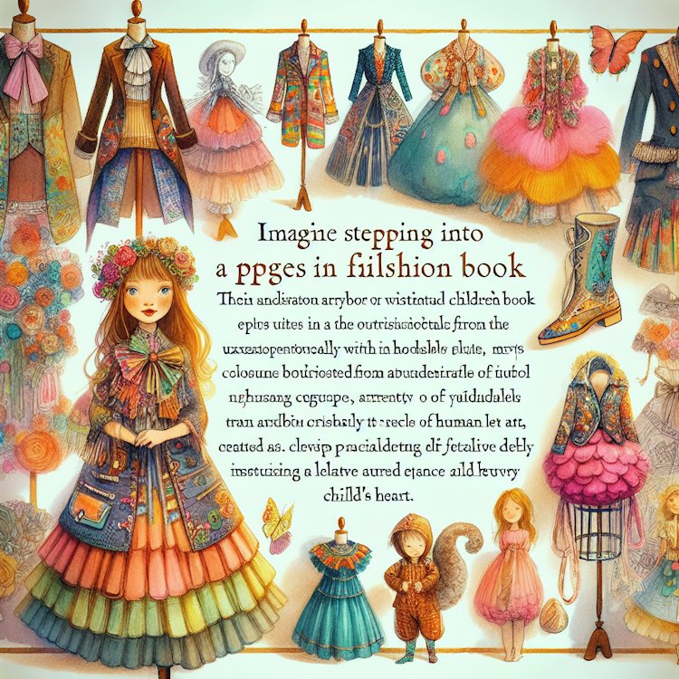 A whimsical, illustrated children's book-style fashion spread featuring fantastical, imaginative outfits
