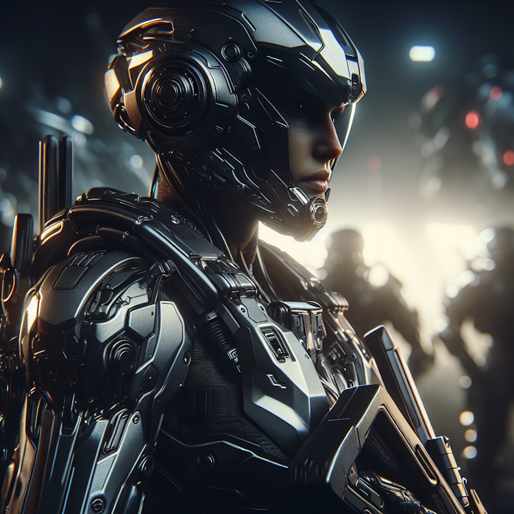 A cinematic, dramatic portrait of a determined, futuristic soldier in a high-tech combat suit