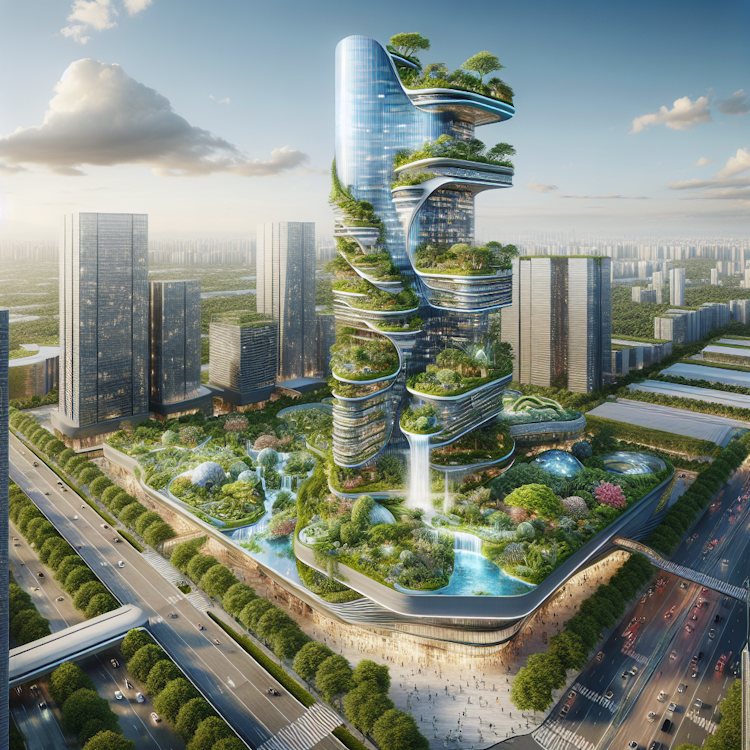 Representación digital fotorrealista de un rascacielos futurista y ecológico con diseño biofílico en un paisaje urbano