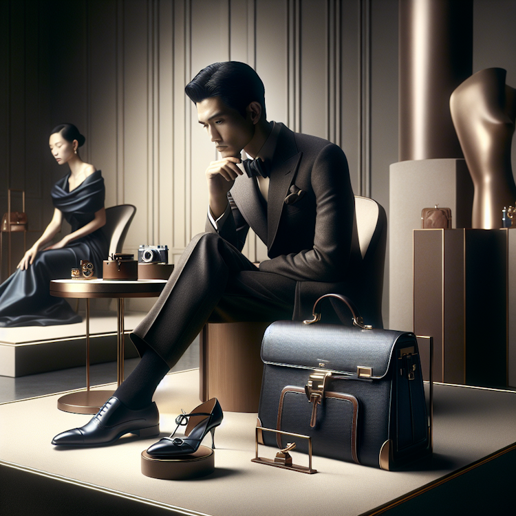 A high-fashion, editorial-style advertisement campaign for a luxury accessory brand