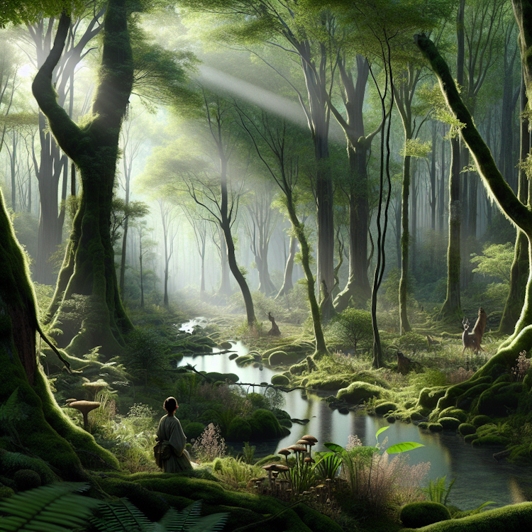 A serene, photorealistic landscape of a misty, ancient forest
