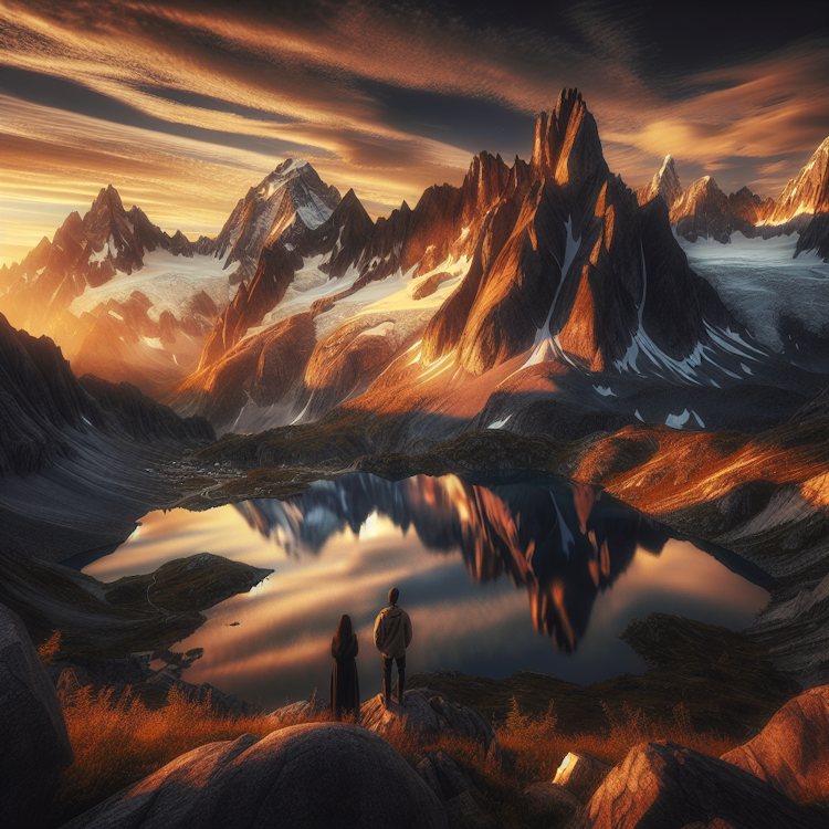 A cinematic, wide-angle photograph of a breathtaking mountain landscape at sunrise