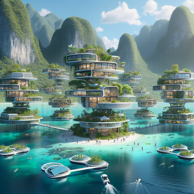 A surreal, digital illustration of a floating, modular eco-village in a coastal setting