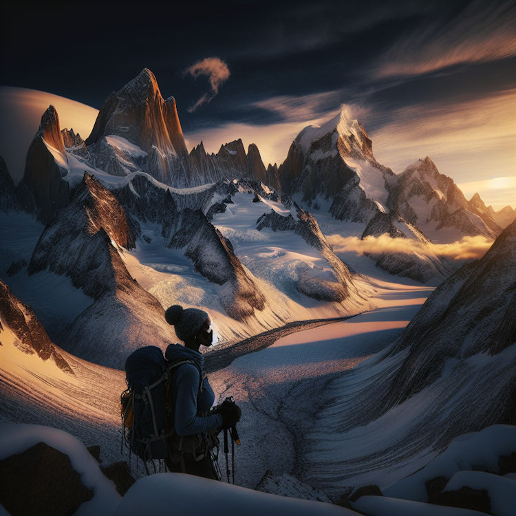 A cinematic, wide-angle landscape shot of a remote, snowy mountain range at dusk