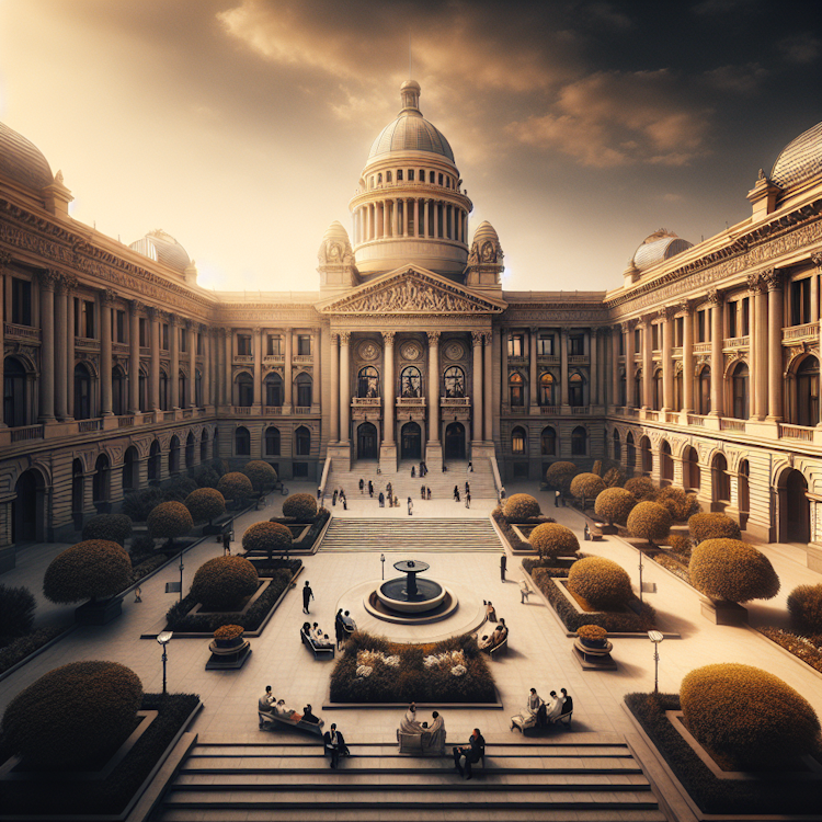 A cinematic, wide-angle photograph of a grand, neoclassical government building