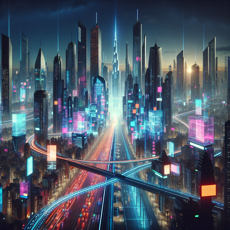 Um plano panorâmico, cinemático de uma cidade futurista, inspirada no cyberpunk, à noite