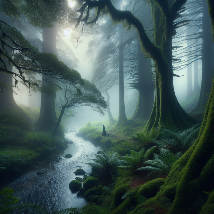 A serene, photorealistic landscape of a misty, ancient forest