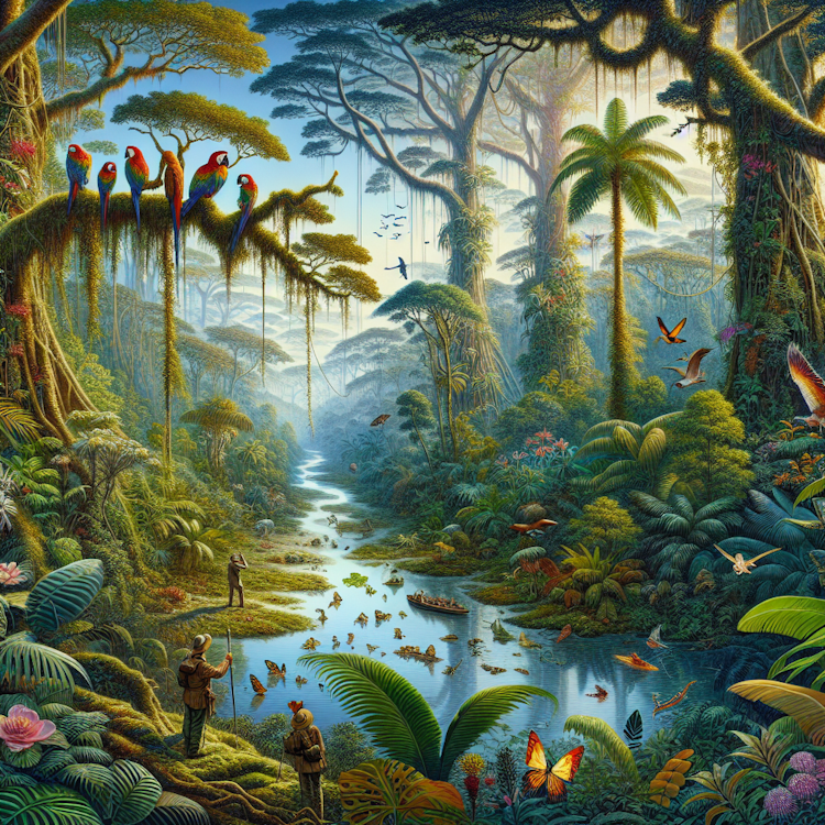 A vibrant, digital illustration of a lush, tropical rainforest landscape