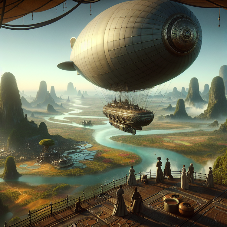 A cinematic, sweeping aerial shot of a vast, fantastical airship soaring over a lush, alien landscape