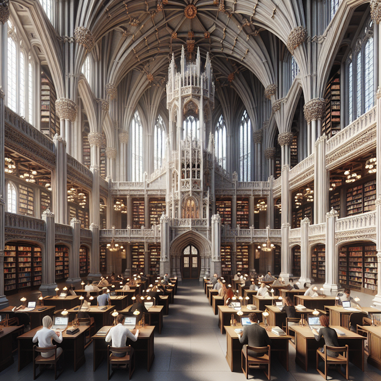 Uma renderização digital fotorrealista de uma biblioteca universitária histórica, semelhante a um castelo