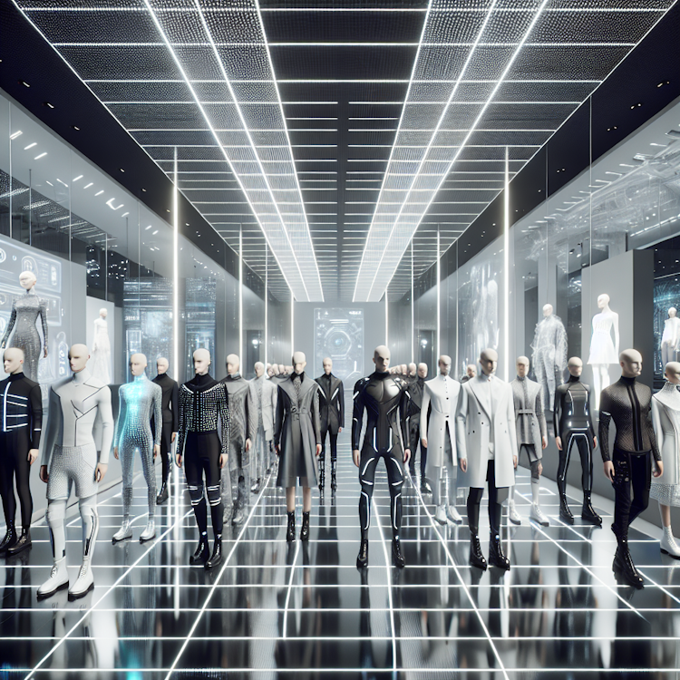 A futuristic, high-tech fashion showcase featuring innovative, technology-driven garments and accessories