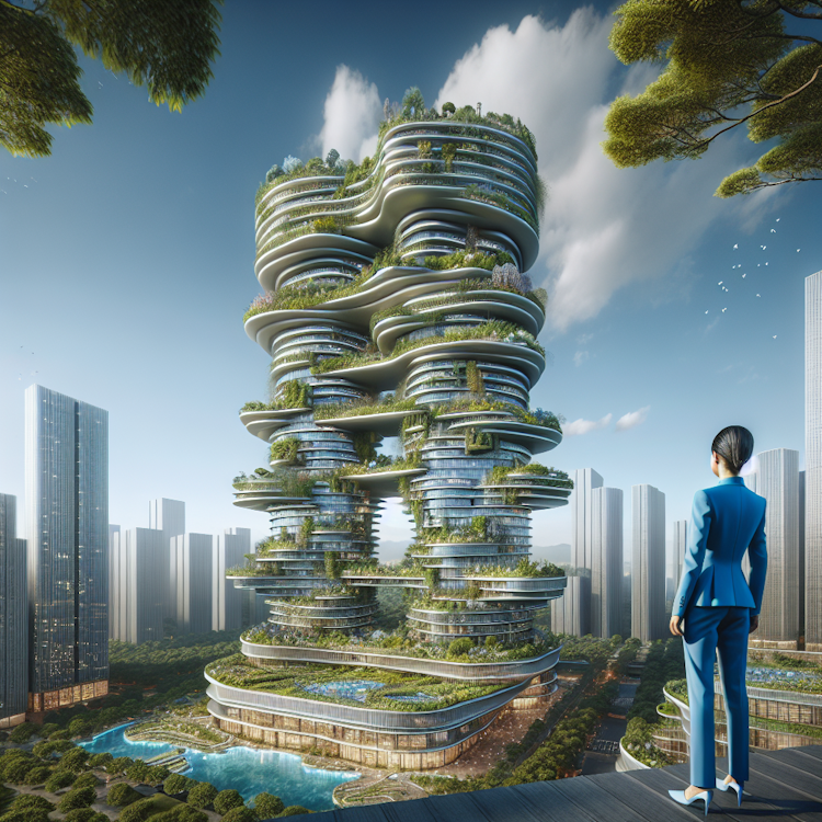 A photorealistic digital rendering of a futuristic, eco-friendly skyscraper with a biophilic design