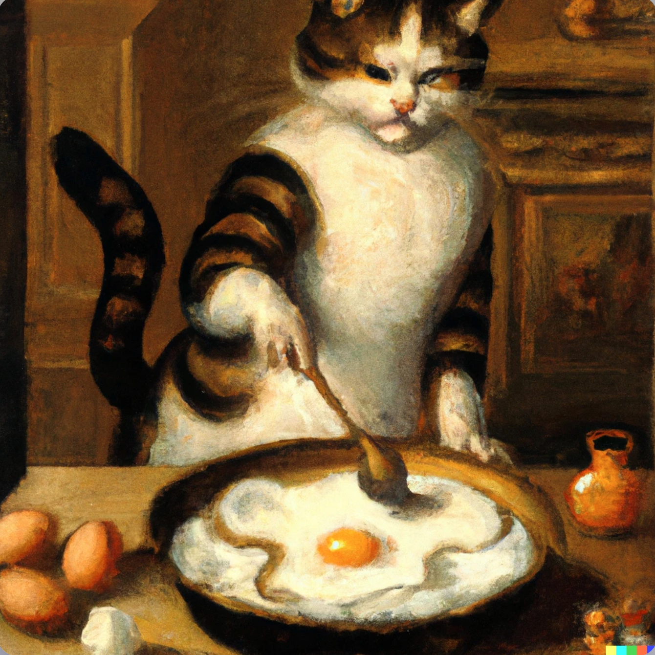 Cat cooking scrambled eggs