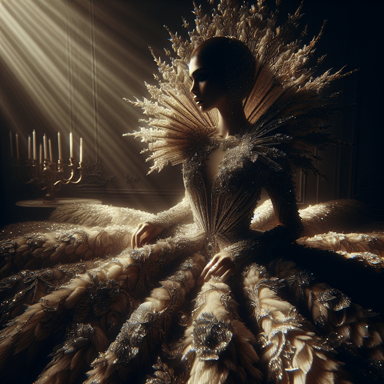 A high-resolution, editorial-style fashion portrait of a couture gown in a dramatic, moody setting